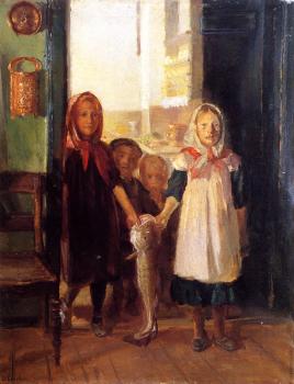Anna Ancher : Little girls with a cod